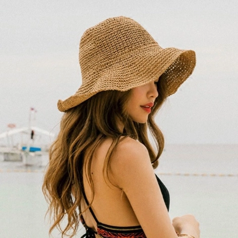 Damen Sommer Strohhut Breite Krempe Faltbarer Strandurlaub Sonnenschutz Handgewebter Panama Fischerhut Eimer Hut Khaki Beige