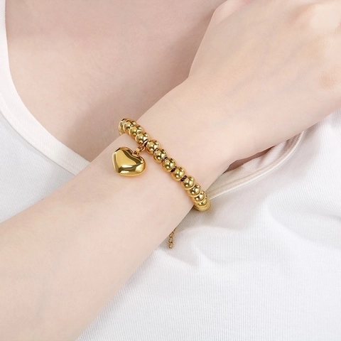 Heart Pendant Bracelet For Women Stainless Steel 18K Gold Plated Adjustable Bead And Snake Chain Minimalist Elegant Jewelry