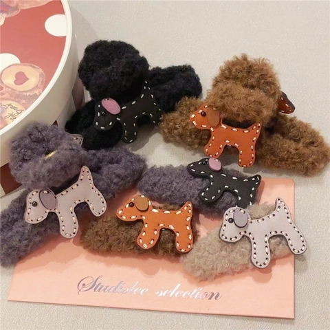 Pince À Cheveux En Peluche Chien Teddy Forme Animale Grande Barrette Cheveux Pour Femmes Filles Accessoire Automne Hiver