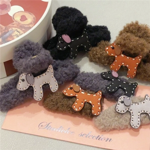 Pince À Cheveux En Peluche Chien Teddy Forme Animale Grande Barrette Cheveux Pour Femmes Filles Accessoire Automne Hiver