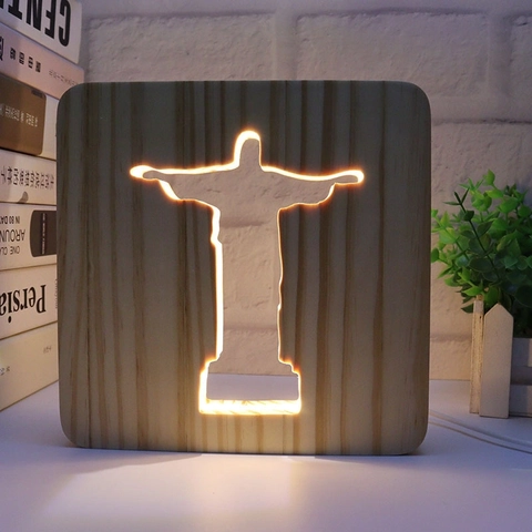 Wooden 3D LED Night Light Hollow Carved Warm Atmosphere Table Lamp Creative Desktop Decor For Bedroom Living Room Office
