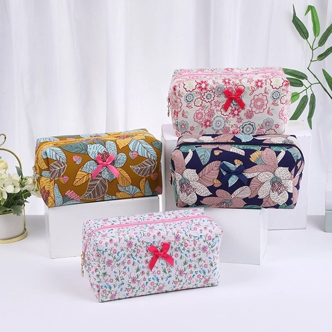 Trousse De Maquillage Mignonne En Coton Floral Avec Nœud Grande Capacité Voyage Organisateur De Maquillage Portable