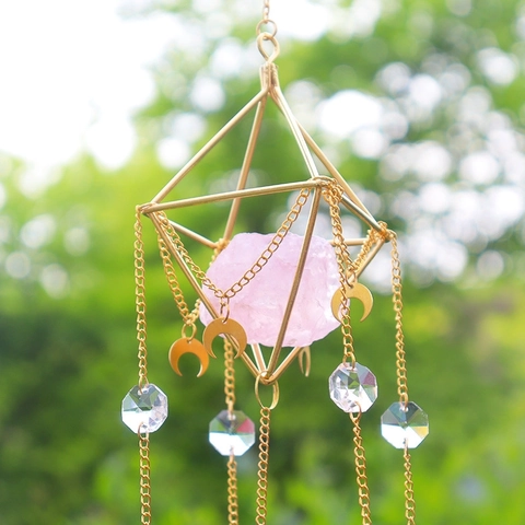 Suncatcher Hanging Ornament With Pink Quartz Crystal And Geometric Metal Frame Moon Star Rainbow Maker For Home Garden Decor