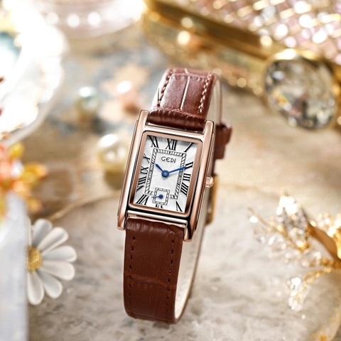 Orologio al Quarzo Donna GEDI Vintage Quadrante Rettangolare Numeri Romani Lancette Blu Cinturino in Pelle Artificiale Orologio Moda Regalo
