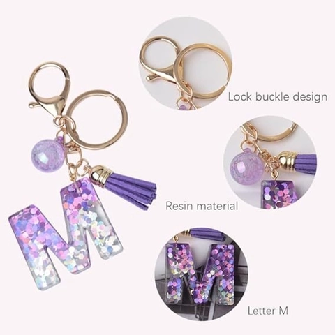 Purple Glitter Resin Alphabet Letter Keychain Gold Clasp Tassel Bead Bag Pendant Charm Jewelry Gift For Women Girls