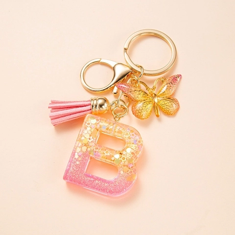Portachiavi Con Lettera Iniziale In Resina Glitterata Con Nappa E Ciondolo A Farfalla Per Donna Accessorio Per Borsa