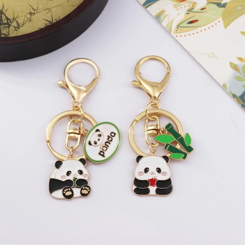 Cartoon Panda Keychain Zinc Alloy Enamel Bamboo Pendant Gold Tone Metal Bag Accessory Cute Gift