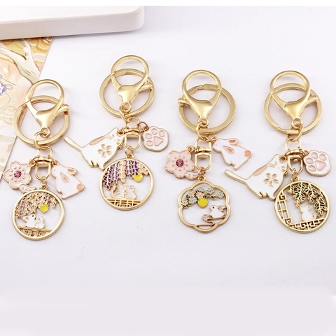 Japanese Style Enamel Zinc Alloy Sakura Cat Rabbit Keychain Pendant Pink Flower Animal Keyring For Women Bag Earphone Case Decoration