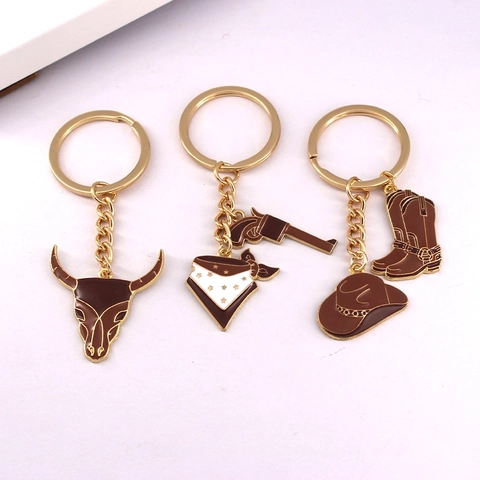 Western Cowboy Keychain Enamel Zinc Alloy Cowboy Hat Boots Bull Skull Revolver Bag Pendant Decorative Accessory