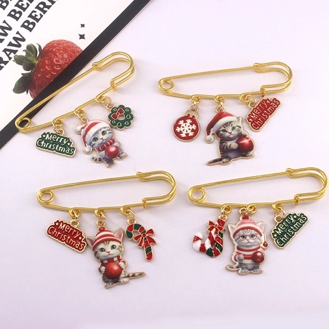 Christmas Cat Brooch Pin Alloy Enamel Cute Kitten Merry Christmas Sign Holiday Festive Decoration For Coat Bag