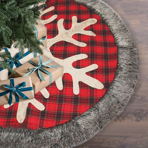Christmas Tree Skirt Red Black Plaid Snowflake Reindeer Horn Faux Fur Border Holiday Home Party Festive Decoration