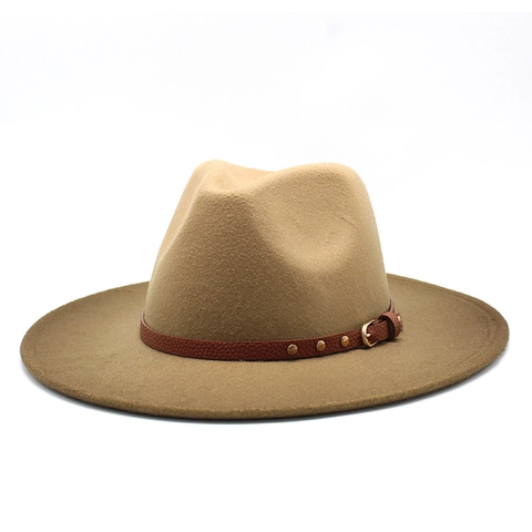 Wool Felt Fedora Hat Wide Brim Two Tone Gradient Jazz Cap With Leather Belt Rivets For Men Women Retro Style
