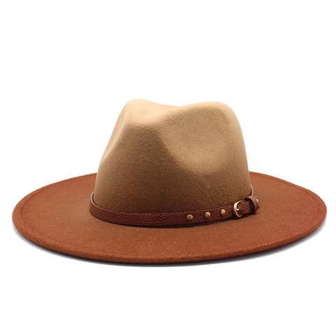 Wool Felt Fedora Hat Wide Brim Two Tone Gradient Jazz Cap With Leather Belt Rivets For Men Women Retro Style