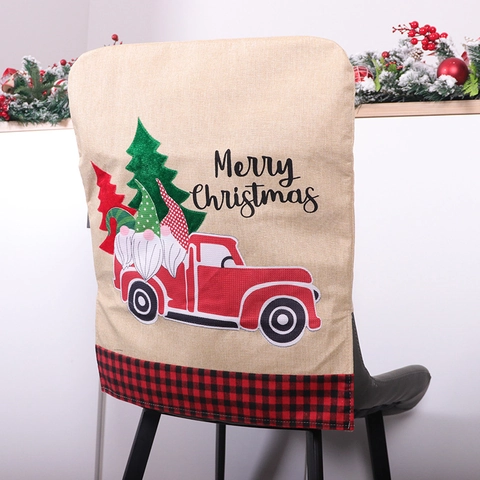 Christmas Chair Back Covers Linen Red Truck Gnome Print Buffalo Plaid Festive Dining Room Decoration Table Seat Protector