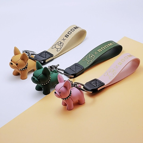 Portachiavi Bulldog Francese Ciondolo Figurina Cane Cartone Animato Con Cinturino In Pelle Motivo Stampato Anello Metallico Accessorio