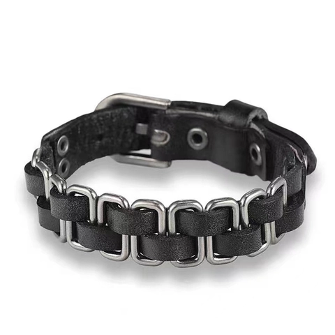 Bracciale In Pelle Intrecciata Retro Maglie In Metallo Fibbia Regolabile Stile Punk Accessorio Unisex
