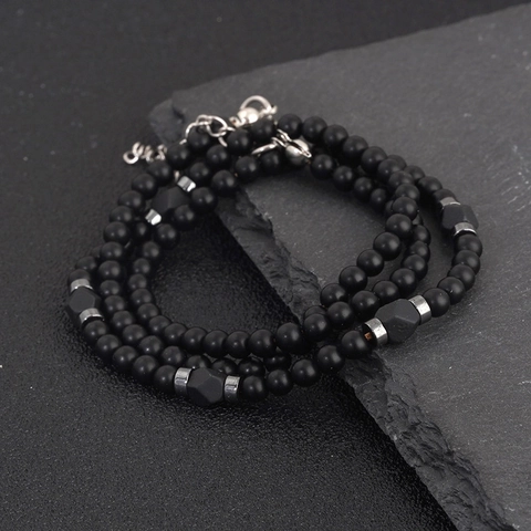 Natural Stone Beaded Necklace For Men Black Agate Lava Rock Hexagonal Alloy Accents Retro Minimalist Fashion Jewelry