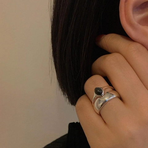 925 Sterling Silver Adjustable Open Rings Black Onyx Oval Stone Minimalist Wide Polished Band Jewelry For Women