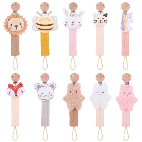 Baby Pacifier Clip Cartoon Animal Plush Wood Cotton Linen Anti-Drop Soother Holder Chain For Infants