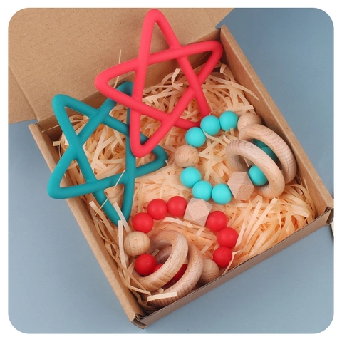Baby Silicone Star Teether Wood Rattle Pacifier Clip Chain Christmas Gift Box For Infants Nursing Toys Red Green
