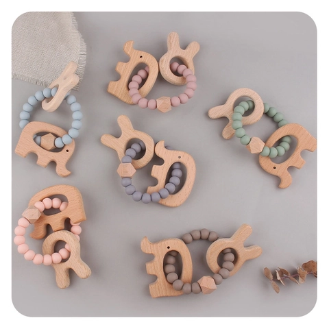 Baby Teether Rattle Bracelet Beech Wood Elephant Rabbit Animal Shapes Food Grade Silicone Beads Infant Chewing Toy