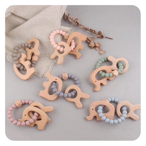 Baby Teether Rattle Bracelet Beech Wood Elephant Rabbit Animal Shapes Food Grade Silicone Beads Infant Chewing Toy