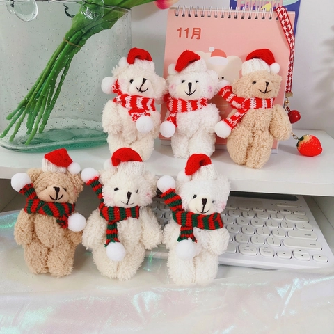 Cute Christmas Mini Plush Teddy Bear Doll Soft Articulated Animal Keychain Bag Charm Holiday Gift Party Decoration