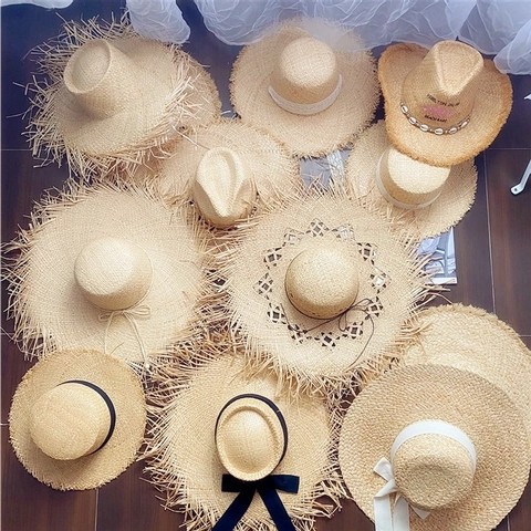 Women Straw Sun Hat Large Wide Brim Raffia Frayed Edge Bow Ribbon Beach Vacation Travel Sunscreen Breathable Elegant