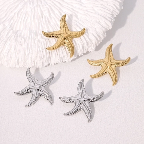Fashion Western Ocean Style Starfish Stainless Steel Stud Earrings For Women Beach Vacation Gold Silver Metal Hammered Texture Earrings Jewelry