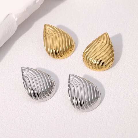 Orecchini a Bottone a Goccia d'Acqua in Acciaio Inossidabile Trama Increspata Design Minimalista a Goccia Gioielli da Donna
