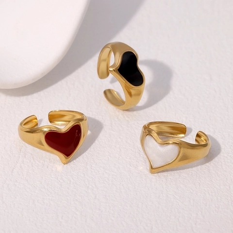 Herzform Offener Ring Edelstahl 18K Vergoldet Emaille Verstellbar Minimalistischer Schicker Schmuck Für Damen