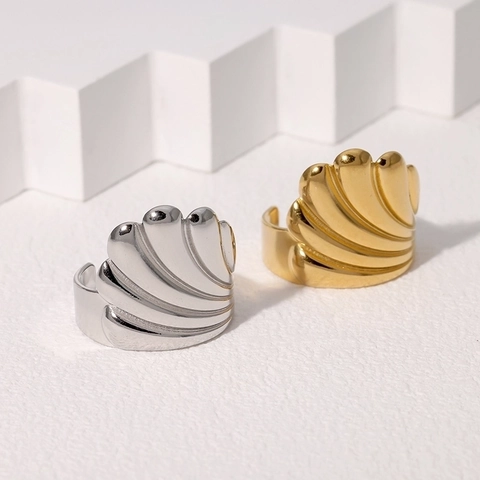 Shell Ripple Wave Geometric Open Ring Gold Plated Stainless Steel Vintage Minimalist Fashion Jewelry For Women