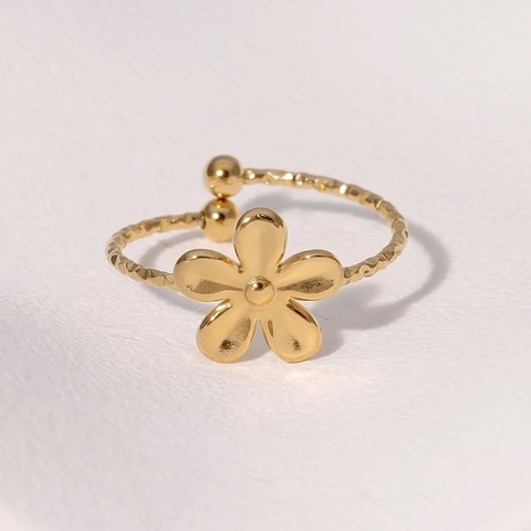 Anillo Abierto De Flor Chapado En Oro Acero Inoxidable Textura Martillada Ajustable Joyería Floral Simple Para Mujeres
