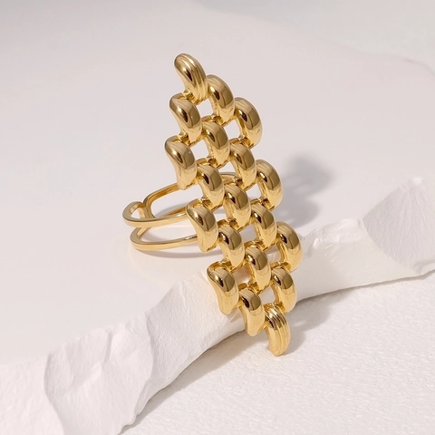 Anello Aperto Regolabile Acciaio Inossidabile Placcato Oro 18K Cavo Geometrico Catena Intrecciata Fascia Larga Gioielli Donna