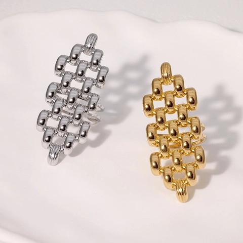 Anello Aperto Regolabile Acciaio Inossidabile Placcato Oro 18K Cavo Geometrico Catena Intrecciata Fascia Larga Gioielli Donna