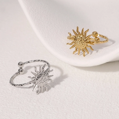 Sunburst Open Adjustable Ring Stainless Steel 18K Gold Plated Hammered Texture Minimalist Fashion Jewelry Women
