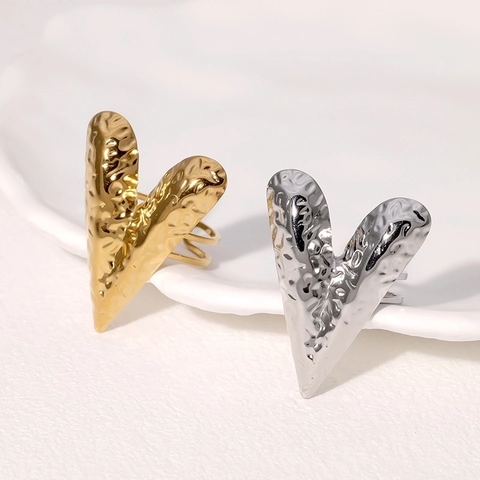 Anello Aperto Cuore Texture Martellata In Acciaio Inossidabile Placcato Oro Gioiello Retro Per Donna