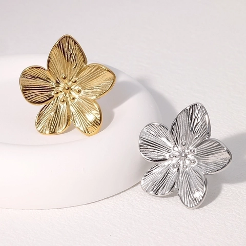 Flower Open Ring Stainless Steel 18K Gold Plated Vintage French Style Adjustable Five Petal Brushed Texture For Women
