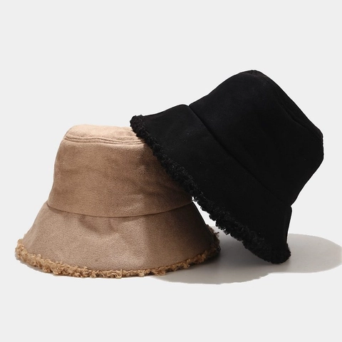 Cappello Da Pescatore Donna Inverno Scamosciato Lana Di Agnello Ispessito Caldo Regolabile Tinta Unita Stile Coreano