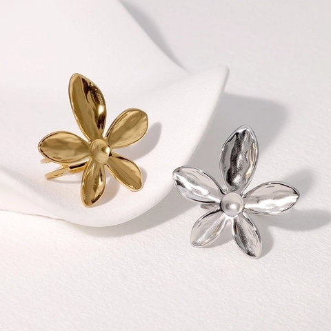 Anillo Ajustable De Flor Minimalista Acero Inoxidable Chapado En Oro Textura Martillada Joyería Estética Mujer
