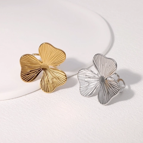Anello Petali Fiori Acciaio Inossidabile Oro 18K Regolabile Texture Spazzolata Gioielli Chic Per Donna