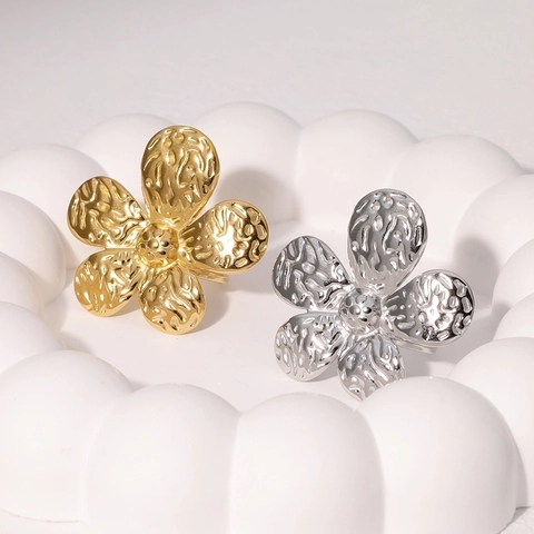 Flower Ring Stainless Steel Hammered Texture Adjustable Open Design Fashion Minimalist Jewelry Women