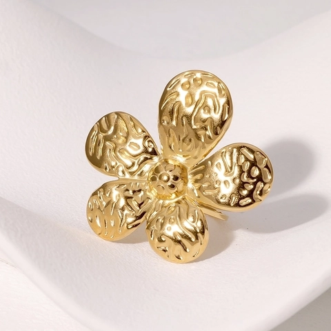 Flower Ring Stainless Steel Hammered Texture Adjustable Open Design Fashion Minimalist Jewelry Women