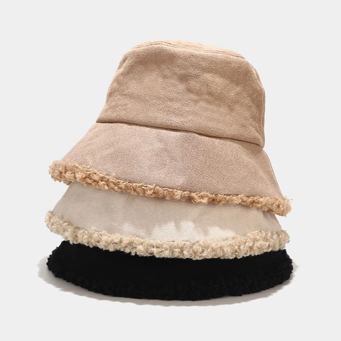 Cappello Da Pescatore Donna Inverno Scamosciato Lana Di Agnello Ispessito Caldo Regolabile Tinta Unita Stile Coreano