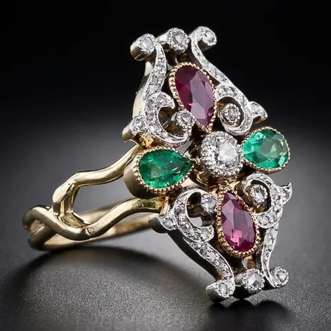 Anello Fiore Bicolore Vintage Rame Con Rubino Smeraldo Taglio Pera Zirconia Trama Vite Stile Vittoriano Per Donne