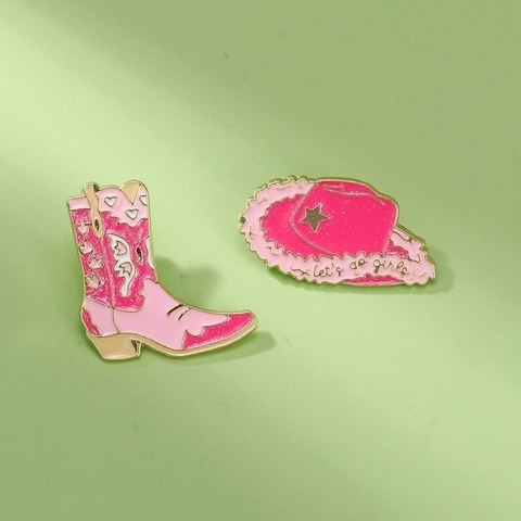 Cowboy Boot And Hat Enamel Brooch Pins Zinc Alloy Pink Glitter Western Style For Women Girls