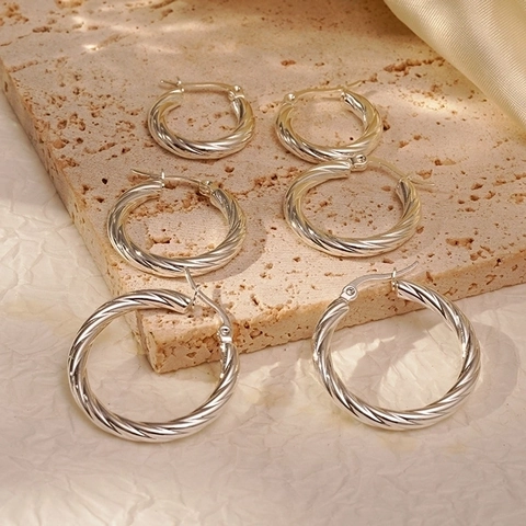 Twisted Hoop Earrings Silver Plated Stainless Steel Spiral Round Geometric Retro French Style For Women Daily Wear