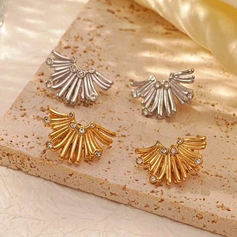 Fan Shaped Stud Earrings Stainless Steel 18K Gold Plated Geometric Cubic Zirconia Trendy For Women