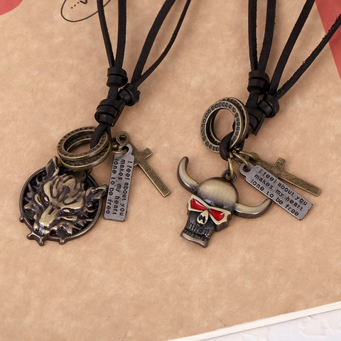 Collana In Pelle Di Vacchetta Punk Retrò Con Ciondolo Teschio Lupo In Lega Cordino Regolabile Gioielli Stile Etnico