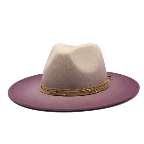 Gradient Wool Felt Fedora Hat Wide Brim Vintage Jazz Hat Bead Decor Band For Men Women